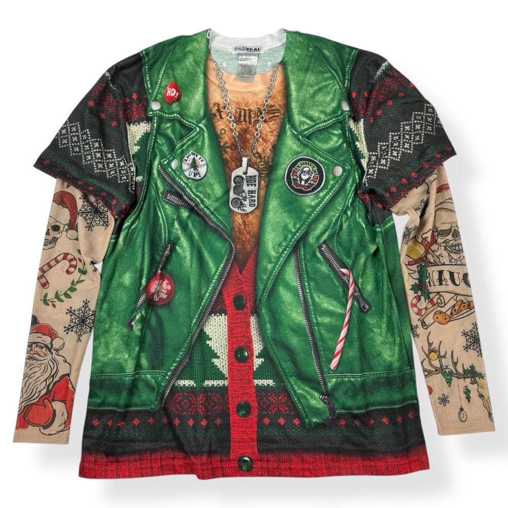 Faux Real Shirt Mens L Large Santa Tattoo Photo Realistic‎ Apparel Biker
